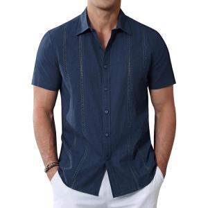 imageAlimens ampamp Gentle Mens Cuban Guayabera Shirts Cotton Linen Short Sleeve Button Down Shirts Casual Summer Beach Camp ShirtNavy Blue