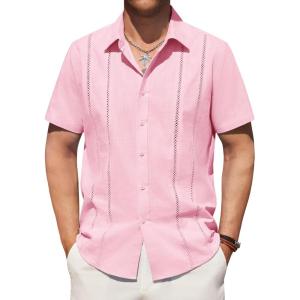 imageAlimens ampamp Gentle Mens Cuban Guayabera Shirts Cotton Linen Short Sleeve Button Down Shirts Casual Summer Beach Camp ShirtPale Pink