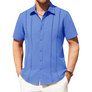 imageAlimens ampamp Gentle Mens Cuban Guayabera Shirts Cotton Linen Short Sleeve Button Down Shirts Casual Summer Beach Camp ShirtRoyal Blue