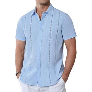 imageAlimens ampamp Gentle Mens Cuban Guayabera Shirts Cotton Linen Short Sleeve Button Down Shirts Casual Summer Beach Camp ShirtSky Blue