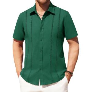 imageAlimens ampamp Gentle Mens Cuban Guayabera Shirts Cotton Linen Short Sleeve Button Down Shirts Casual Summer Beach Camp ShirtTeal Green