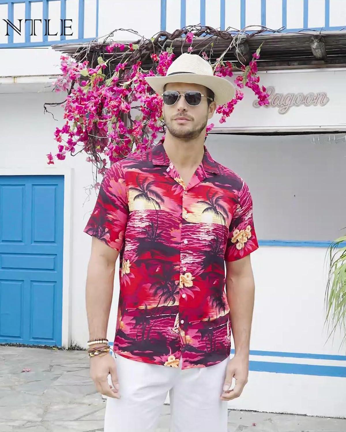imageAlimens ampamp Gentle Hawaiian Shirt for Men Summer Beach Casual Short Sleeve Button Down Shirts Printed Tropical Vacation Shirts1609 Red