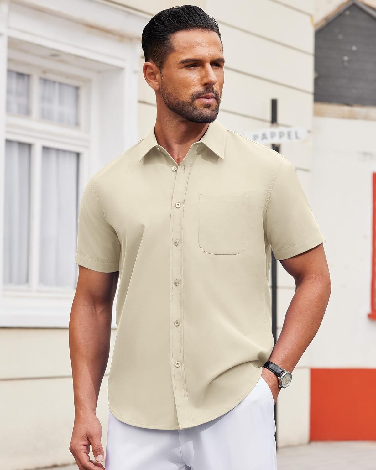 imageAlimens ampamp Gentle Mens Short Sleeve Dress Shirt Wrinkle Free Solid Casual Button Down Shirts for Summer Business WeddingApricot