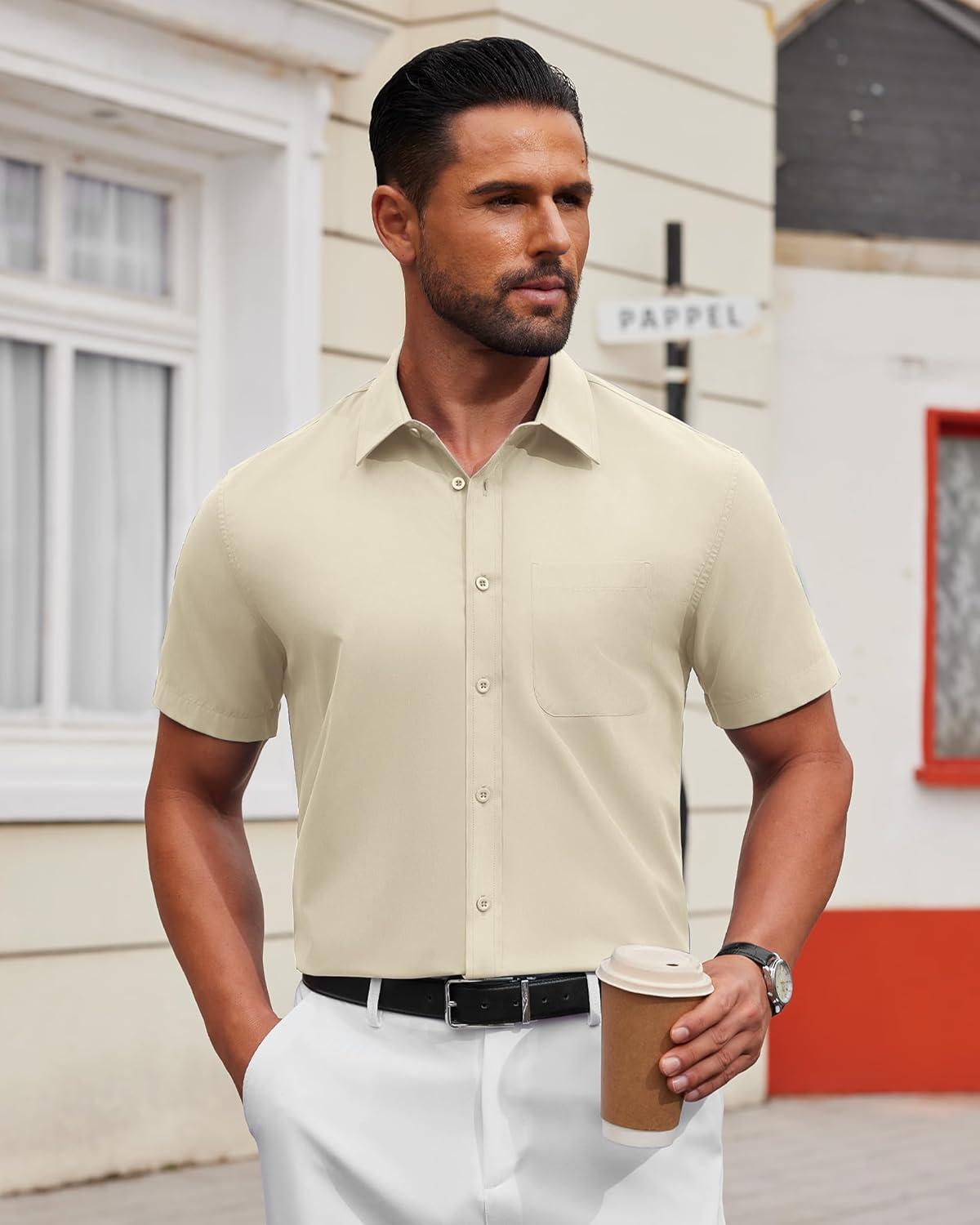 imageAlimens ampamp Gentle Mens Short Sleeve Dress Shirt Wrinkle Free Solid Casual Button Down Shirts for Summer Business WeddingApricot