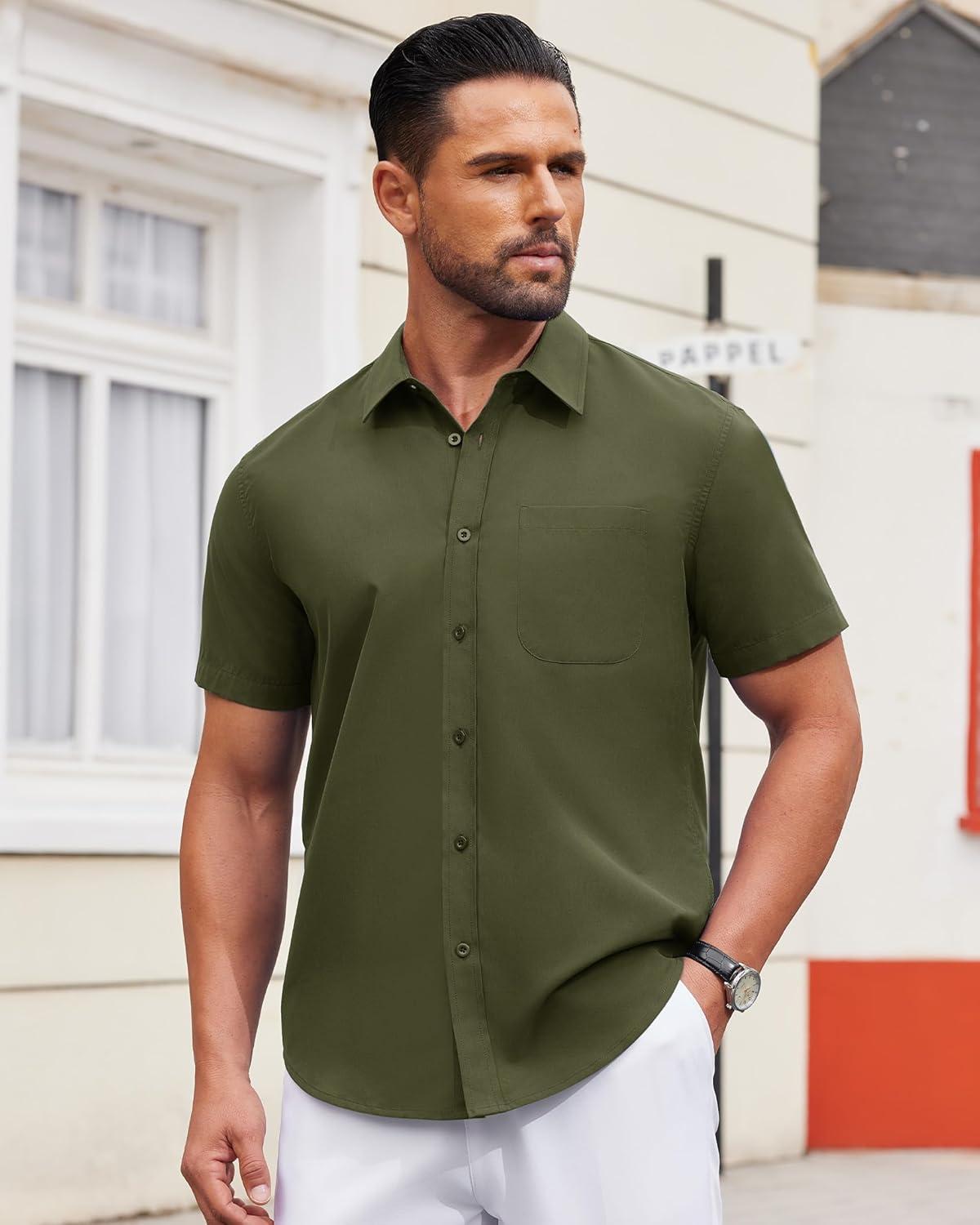 imageAlimens ampamp Gentle Mens Short Sleeve Dress Shirt Wrinkle Free Solid Casual Button Down Shirts for Summer Business WeddingArmy Green