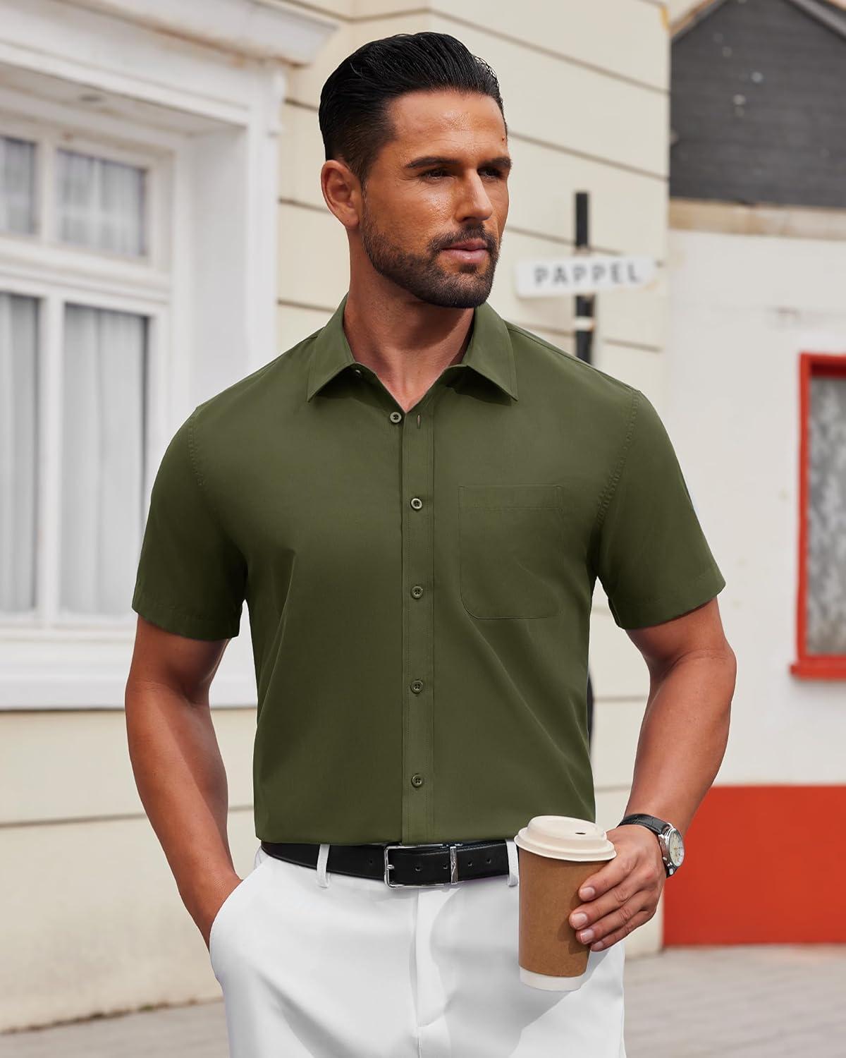 imageAlimens ampamp Gentle Mens Short Sleeve Dress Shirt Wrinkle Free Solid Casual Button Down Shirts for Summer Business WeddingArmy Green