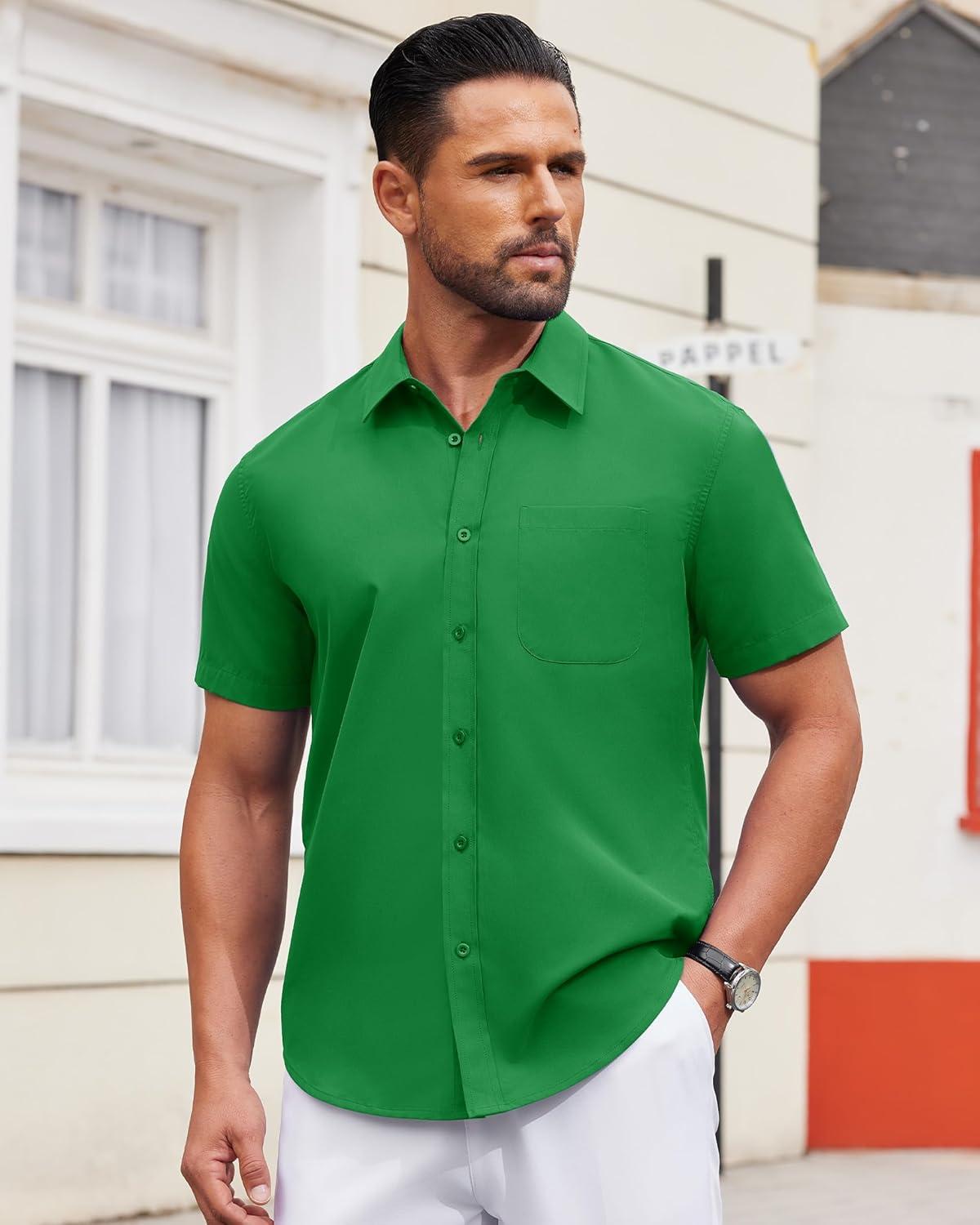 imageAlimens ampamp Gentle Mens Short Sleeve Dress Shirt Wrinkle Free Solid Casual Button Down Shirts for Summer Business WeddingBright Green