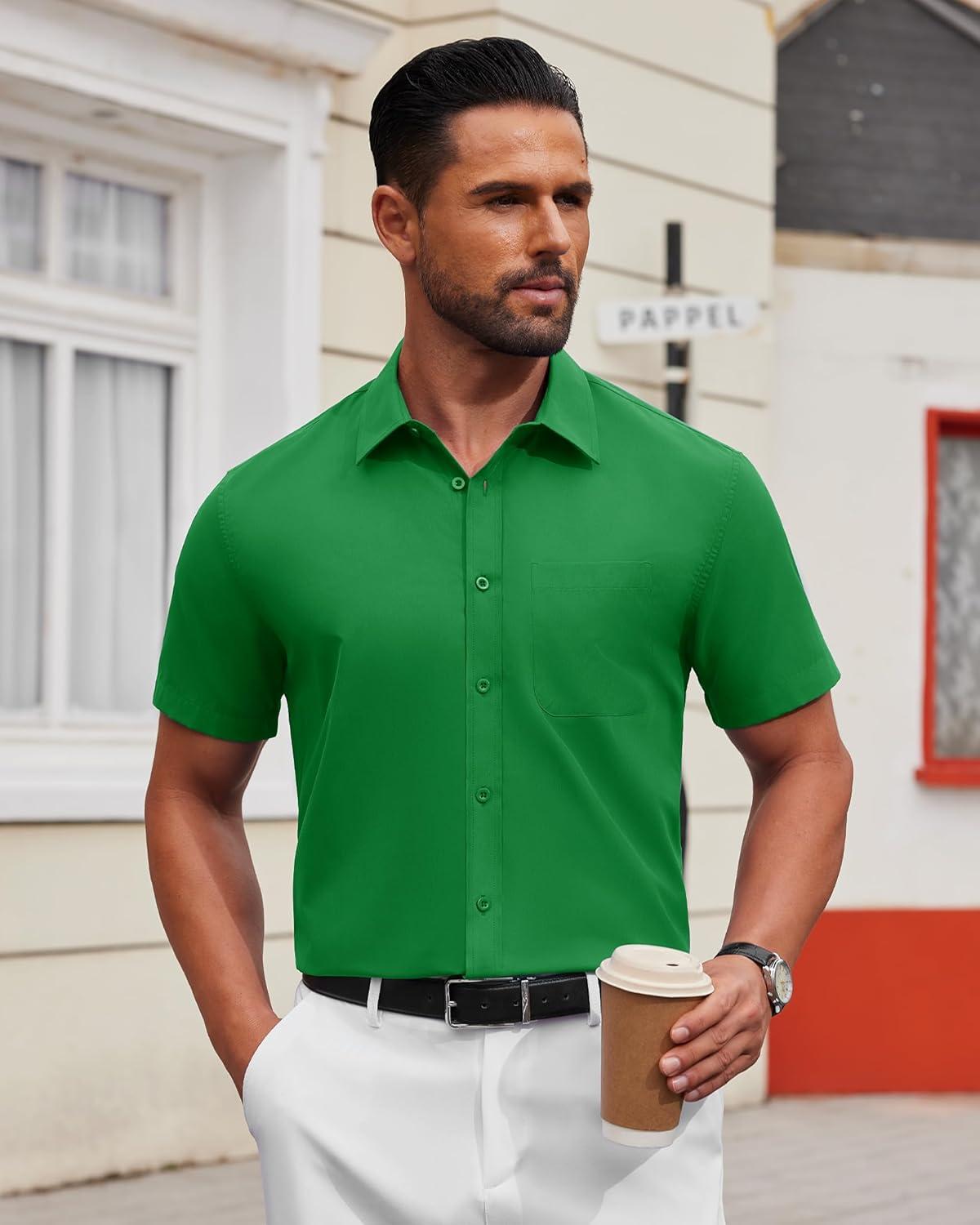 imageAlimens ampamp Gentle Mens Short Sleeve Dress Shirt Wrinkle Free Solid Casual Button Down Shirts for Summer Business WeddingBright Green