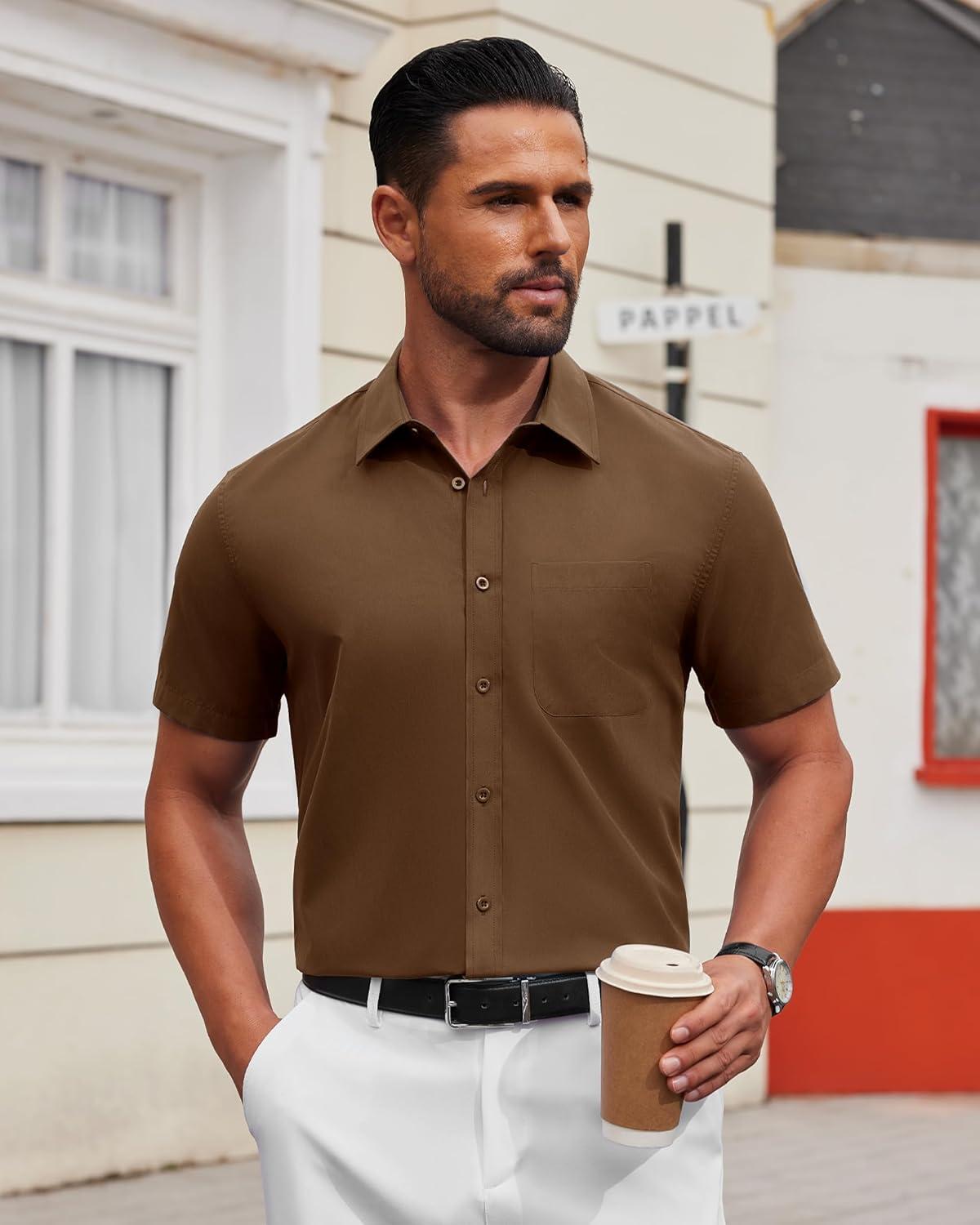 imageAlimens ampamp Gentle Mens Short Sleeve Dress Shirt Wrinkle Free Solid Casual Button Down Shirts for Summer Business WeddingBrown