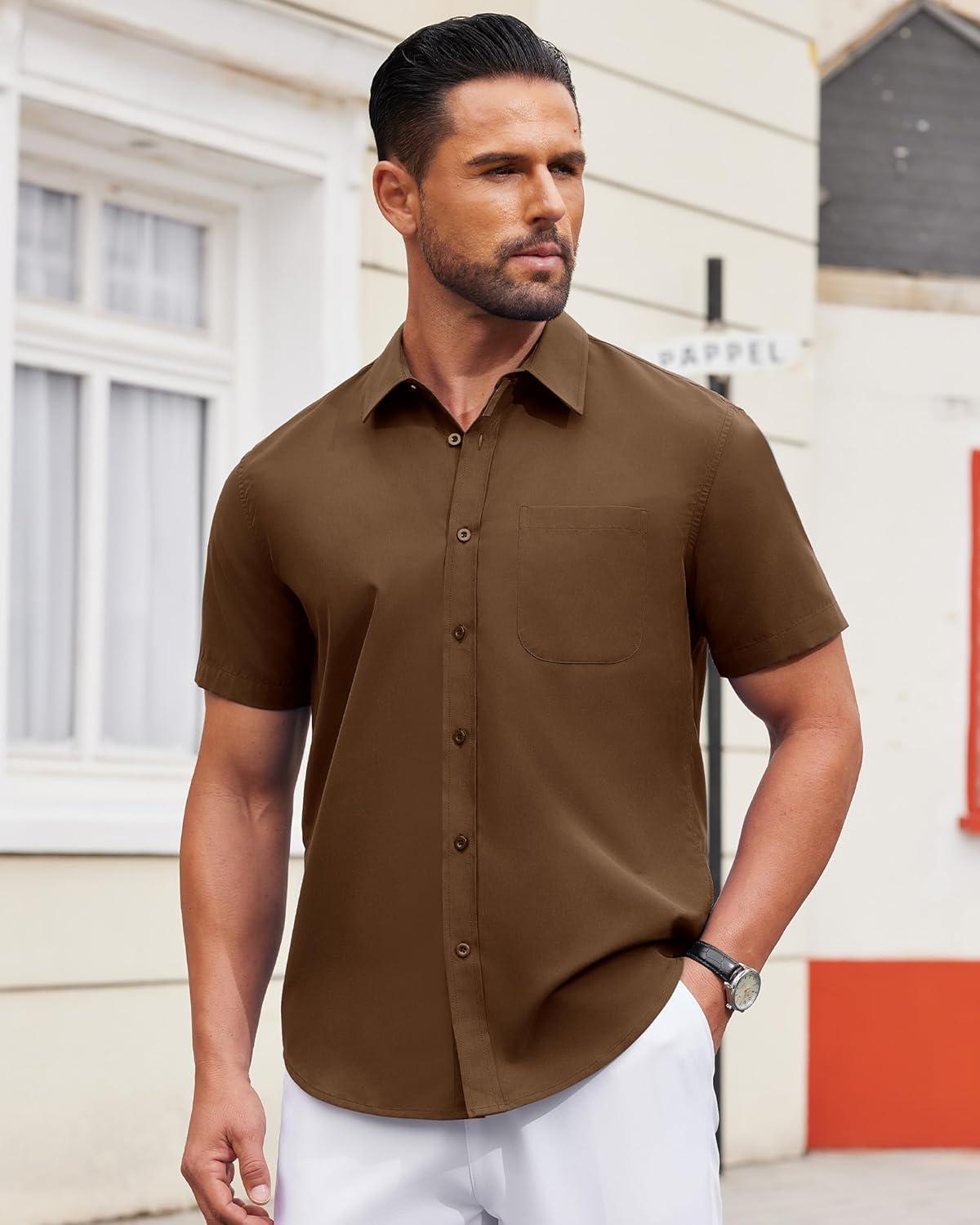 imageAlimens ampamp Gentle Mens Short Sleeve Dress Shirt Wrinkle Free Solid Casual Button Down Shirts for Summer Business WeddingBrown