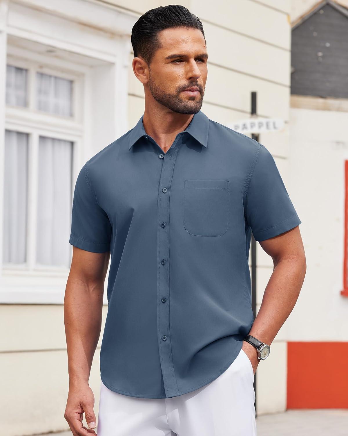 imageAlimens ampamp Gentle Mens Short Sleeve Dress Shirt Wrinkle Free Solid Casual Button Down Shirts for Summer Business WeddingCaptain Blue