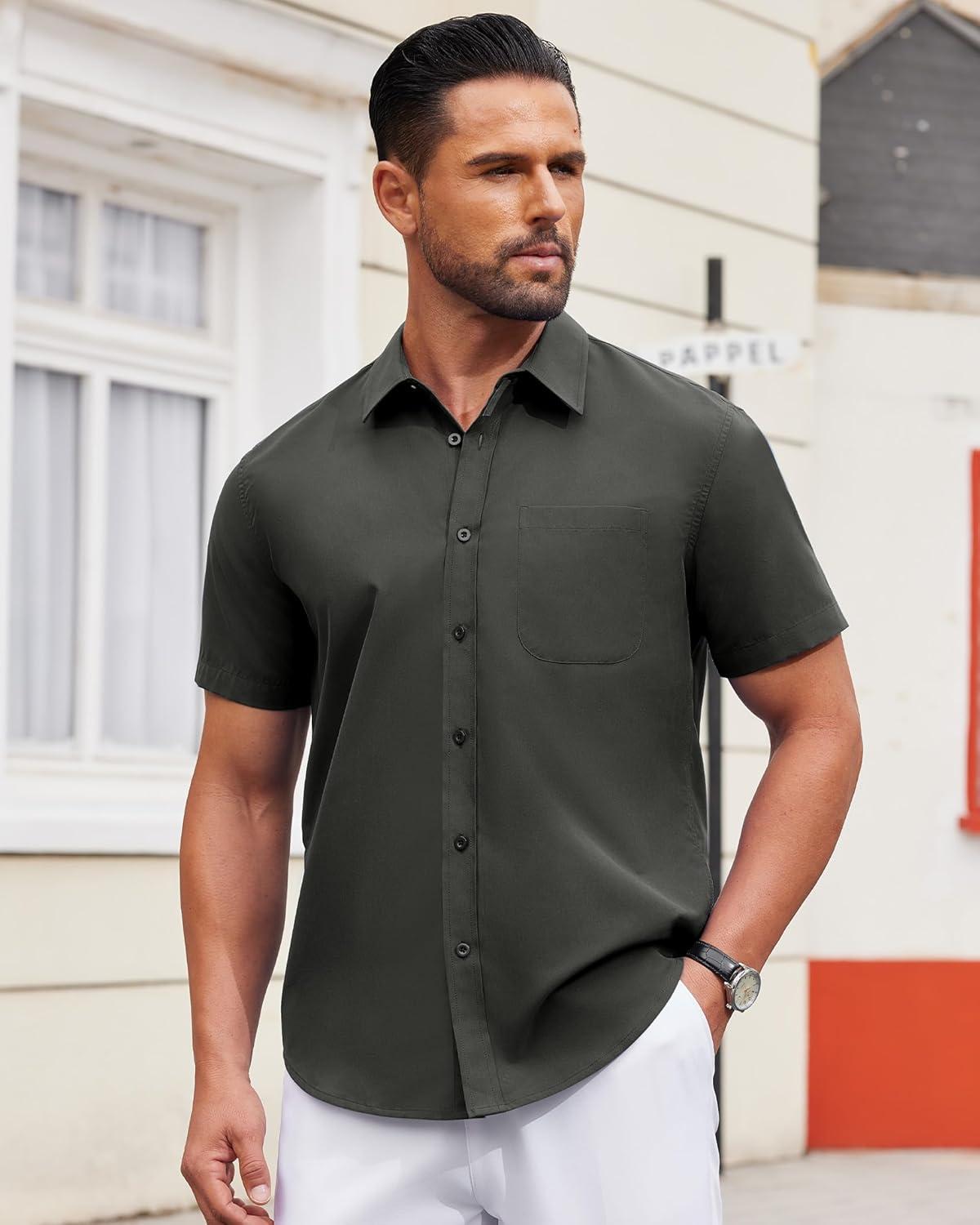 imageAlimens ampamp Gentle Mens Short Sleeve Dress Shirt Wrinkle Free Solid Casual Button Down Shirts for Summer Business WeddingDark Grey