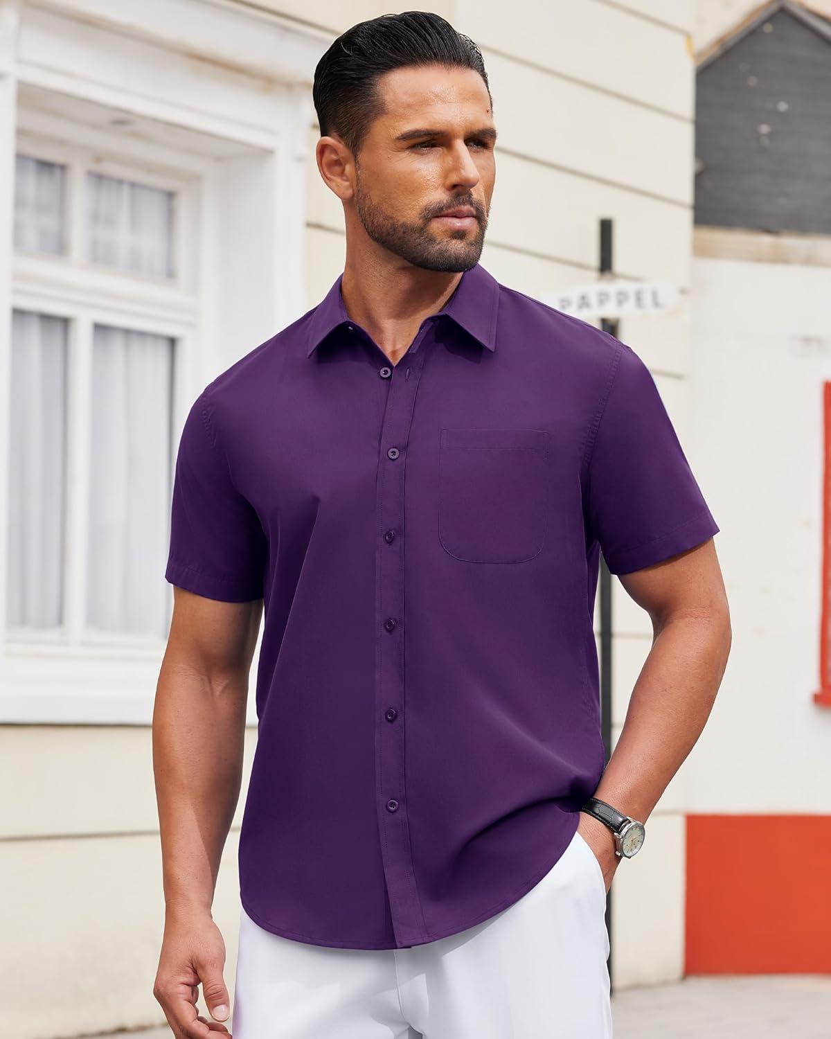 imageAlimens ampamp Gentle Mens Short Sleeve Dress Shirt Wrinkle Free Solid Casual Button Down Shirts for Summer Business WeddingDark Purple