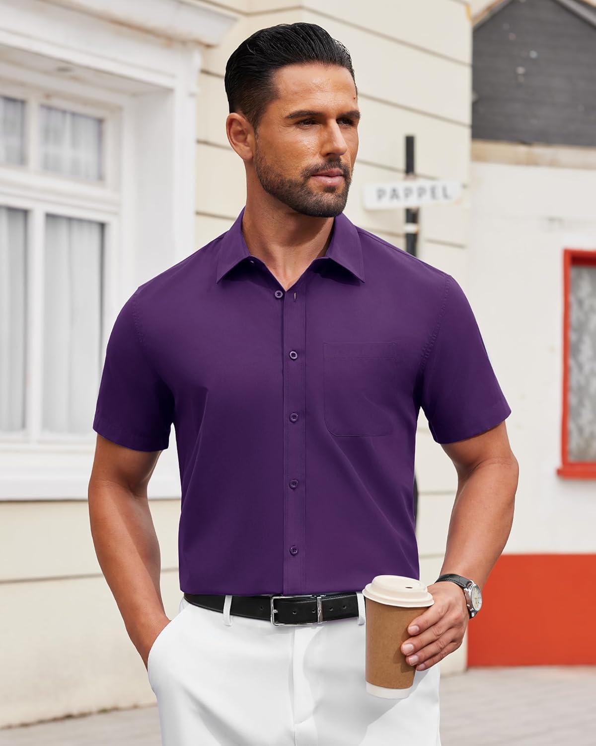 imageAlimens ampamp Gentle Mens Short Sleeve Dress Shirt Wrinkle Free Solid Casual Button Down Shirts for Summer Business WeddingDark Purple