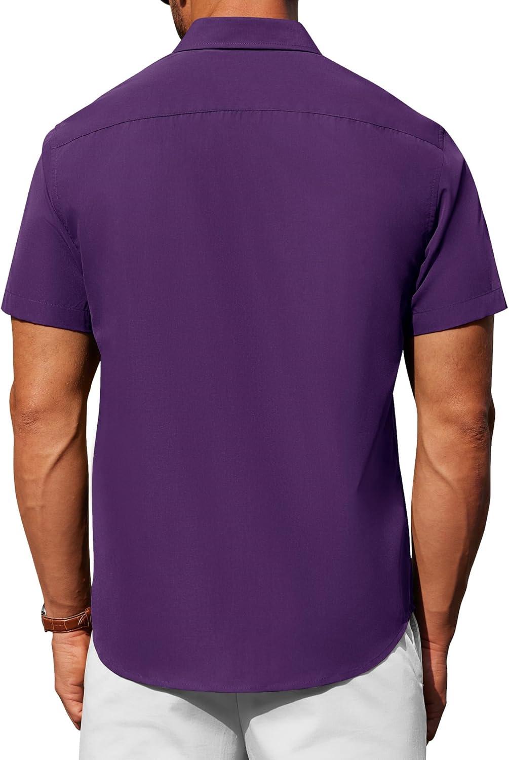 imageAlimens ampamp Gentle Mens Short Sleeve Dress Shirt Wrinkle Free Solid Casual Button Down Shirts for Summer Business WeddingDark Purple