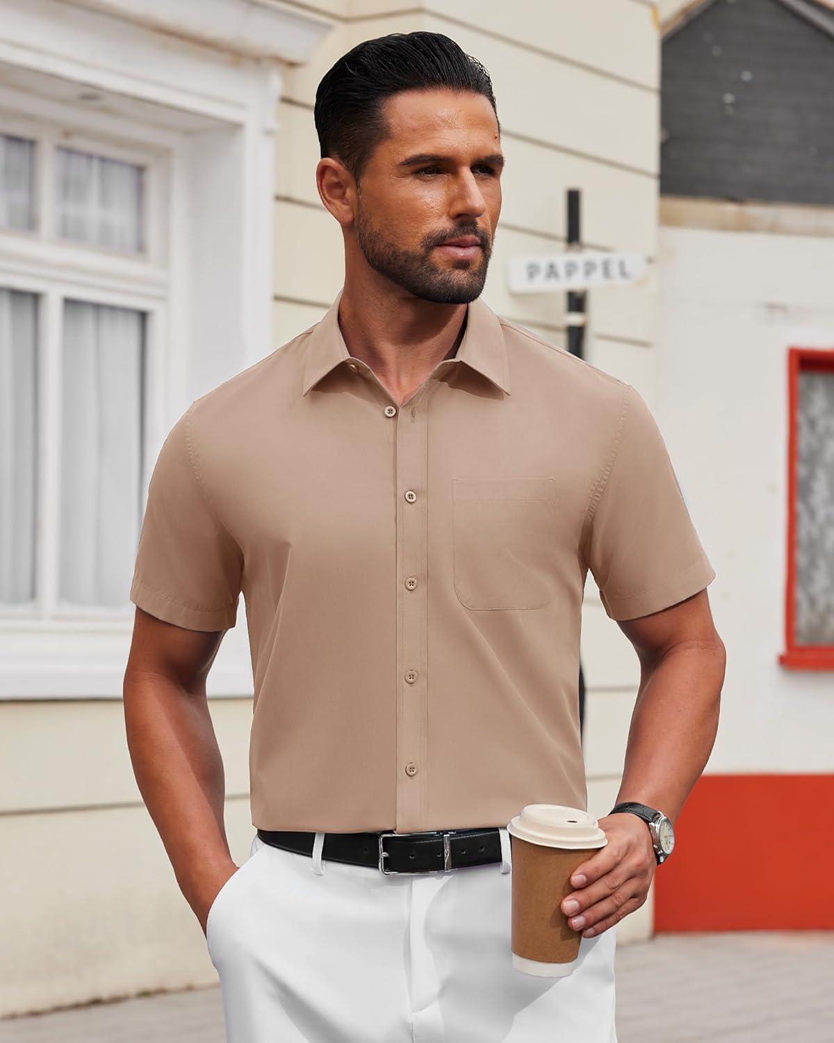 imageAlimens ampamp Gentle Mens Short Sleeve Dress Shirt Wrinkle Free Solid Casual Button Down Shirts for Summer Business WeddingKhaki