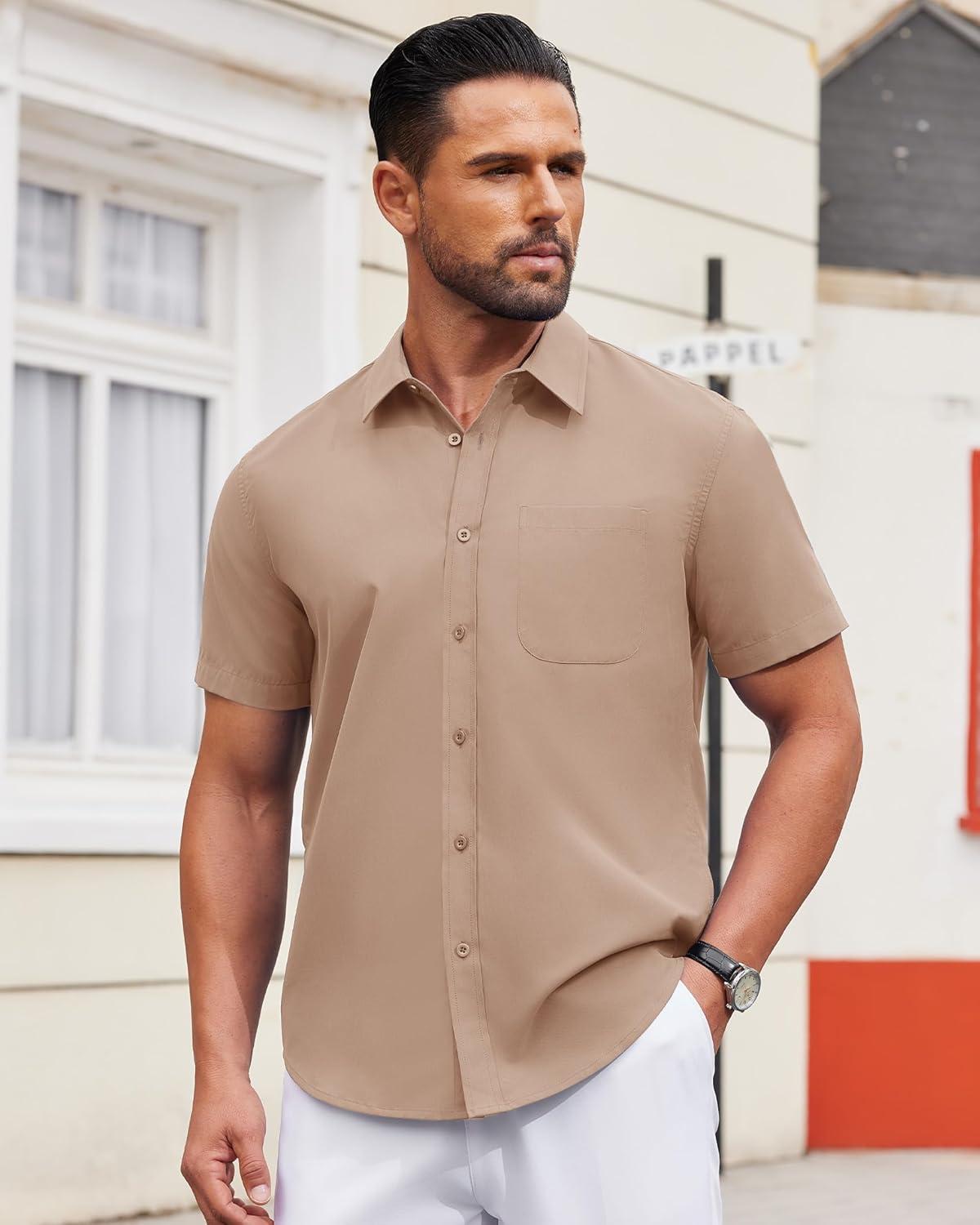 imageAlimens ampamp Gentle Mens Short Sleeve Dress Shirt Wrinkle Free Solid Casual Button Down Shirts for Summer Business WeddingKhaki