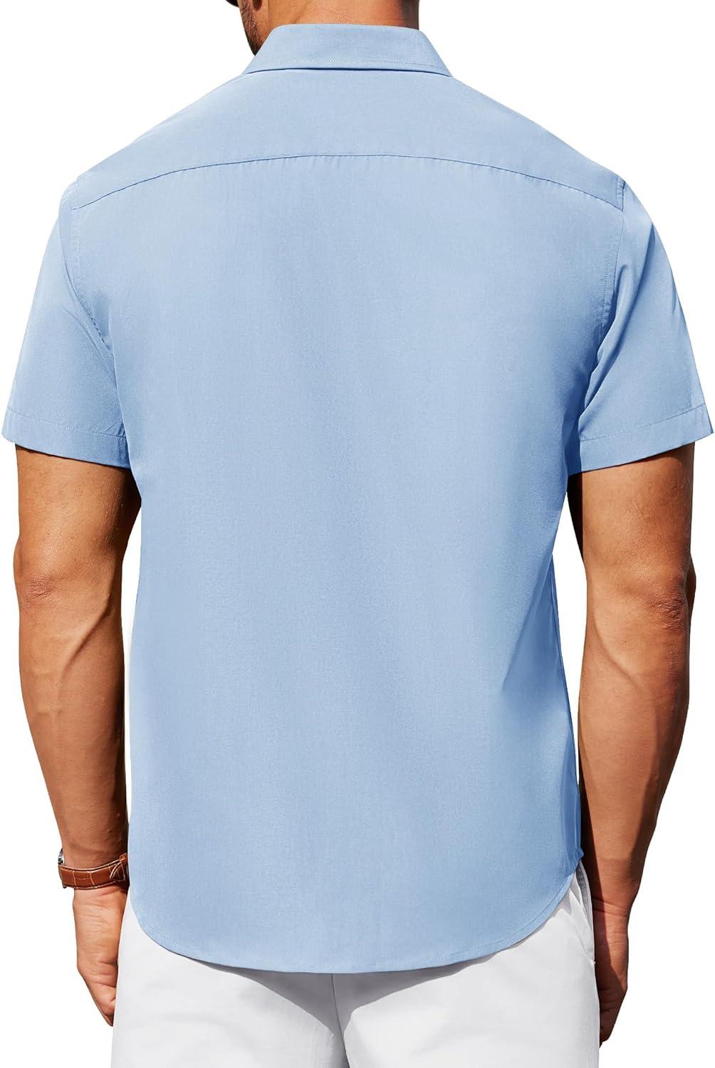 imageAlimens ampamp Gentle Mens Short Sleeve Dress Shirt Wrinkle Free Solid Casual Button Down Shirts for Summer Business WeddingLight Blue