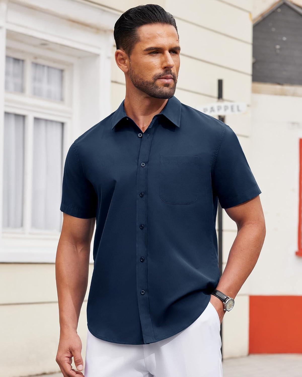 imageAlimens ampamp Gentle Mens Short Sleeve Dress Shirt Wrinkle Free Solid Casual Button Down Shirts for Summer Business WeddingNavy Blue