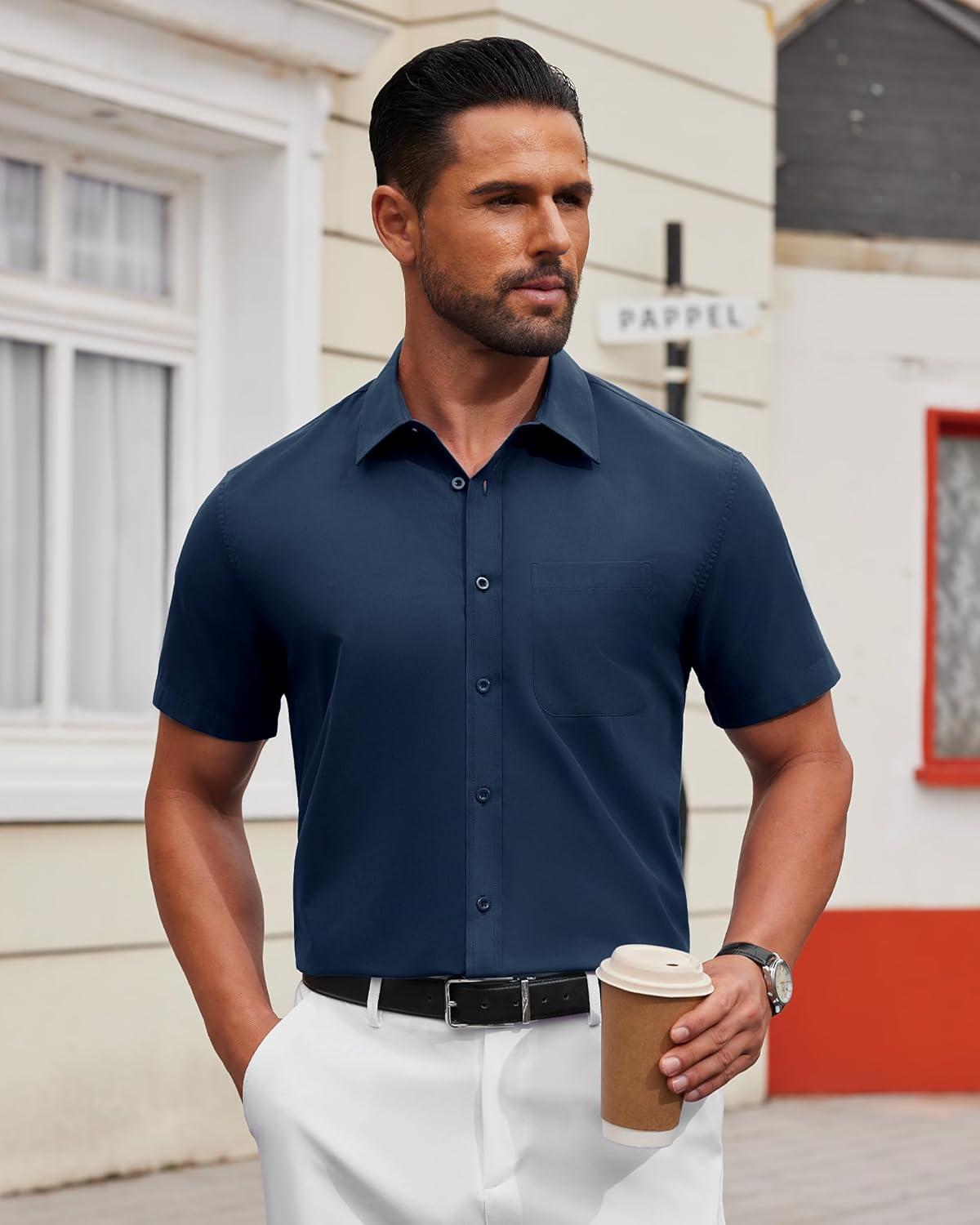 imageAlimens ampamp Gentle Mens Short Sleeve Dress Shirt Wrinkle Free Solid Casual Button Down Shirts for Summer Business WeddingNavy Blue