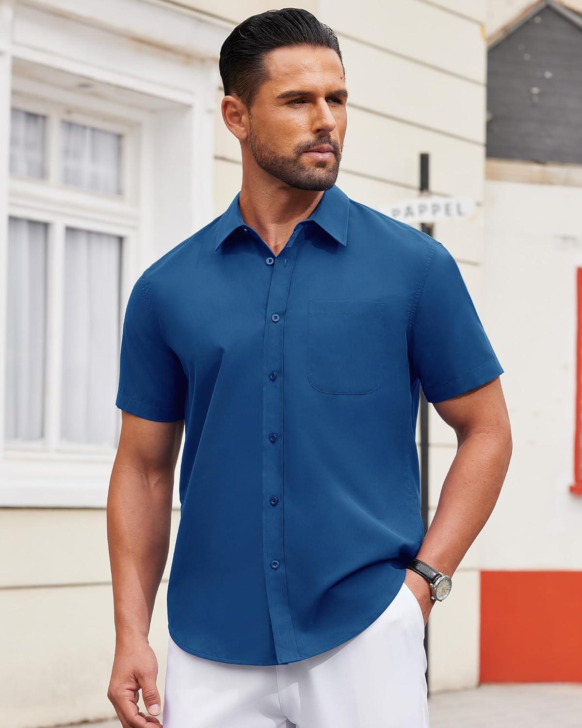 imageAlimens ampamp Gentle Mens Short Sleeve Dress Shirt Wrinkle Free Solid Casual Button Down Shirts for Summer Business WeddingPeacock Blue