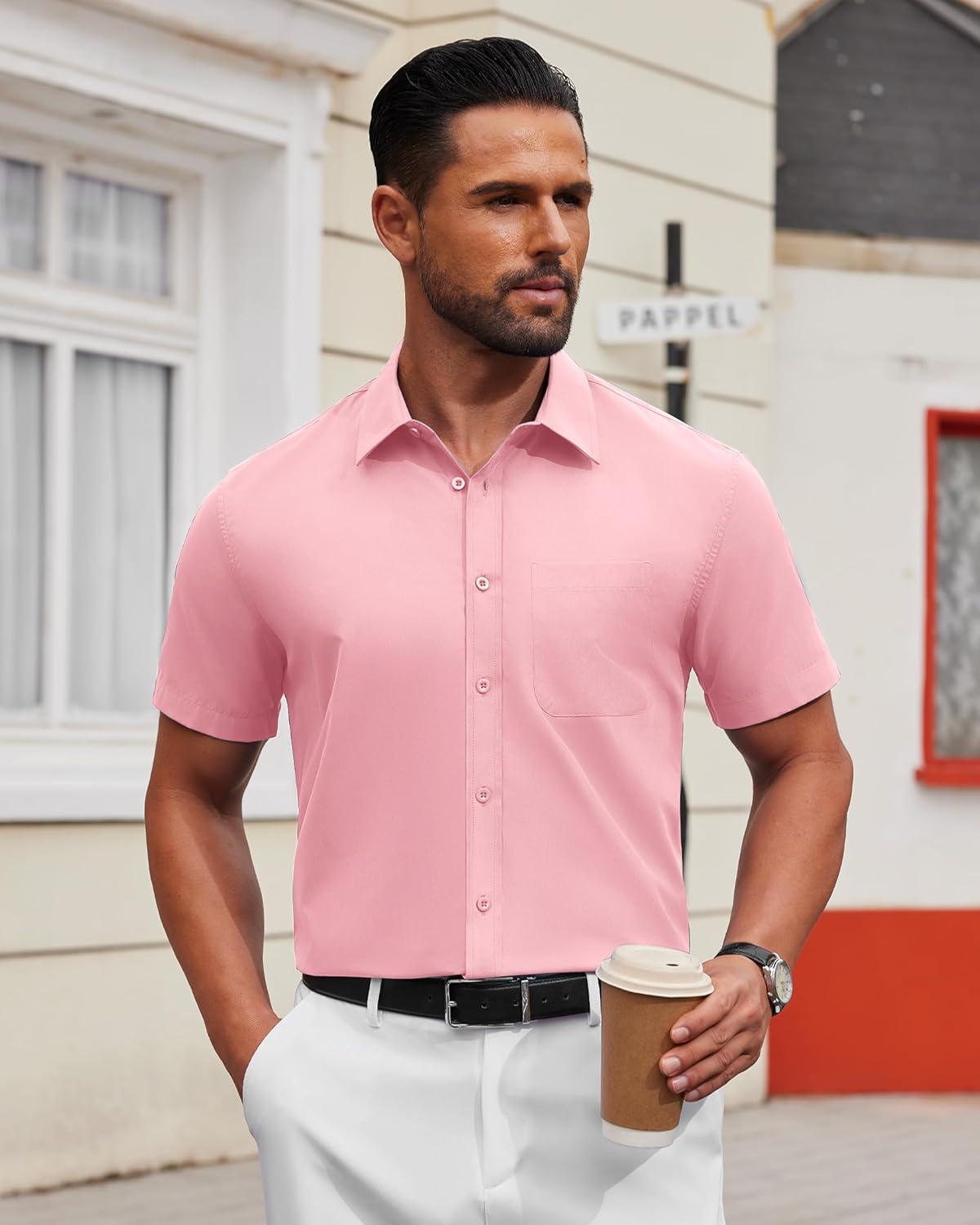 imageAlimens ampamp Gentle Mens Short Sleeve Dress Shirt Wrinkle Free Solid Casual Button Down Shirts for Summer Business WeddingPink