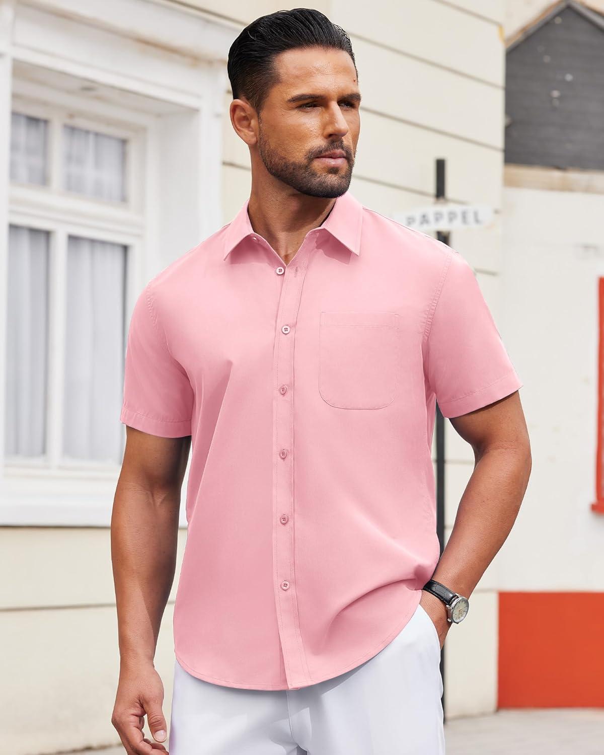 imageAlimens ampamp Gentle Mens Short Sleeve Dress Shirt Wrinkle Free Solid Casual Button Down Shirts for Summer Business WeddingPink
