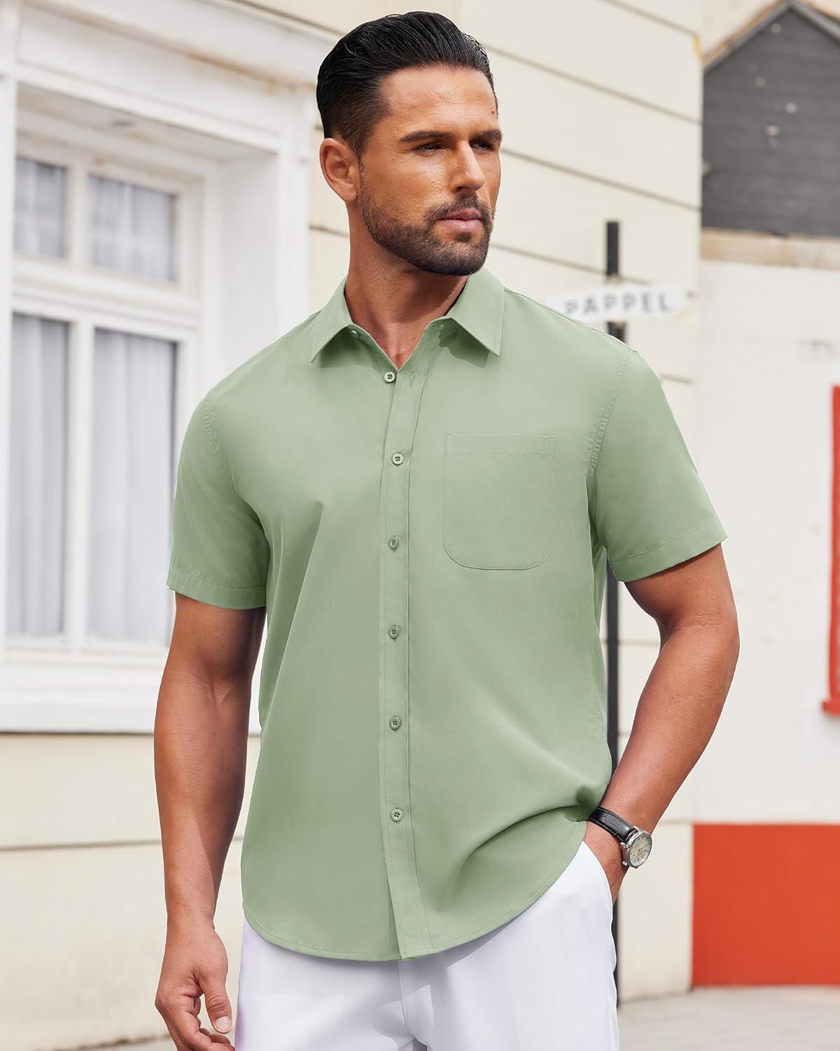 imageAlimens ampamp Gentle Mens Short Sleeve Dress Shirt Wrinkle Free Solid Casual Button Down Shirts for Summer Business WeddingSage Green