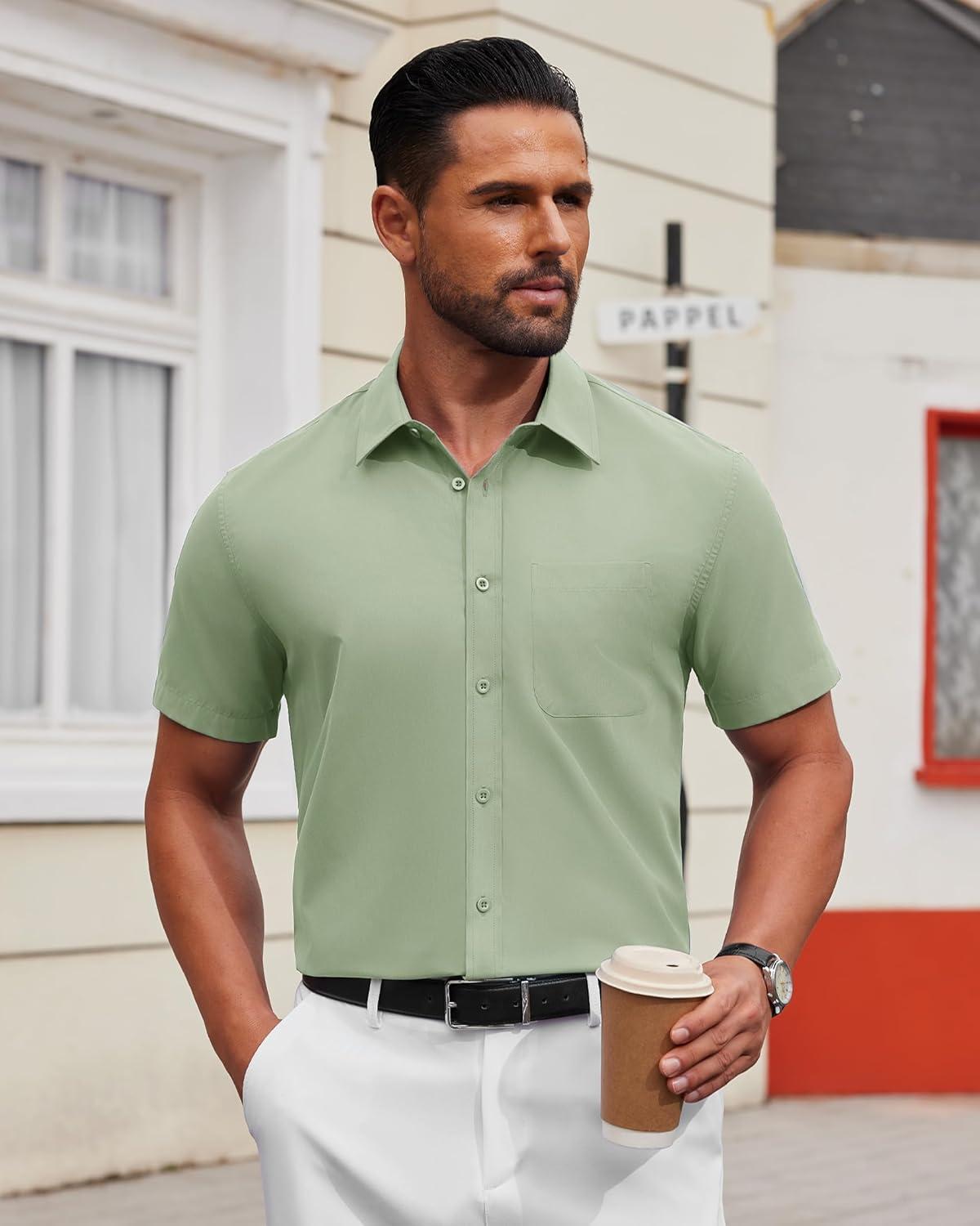 imageAlimens ampamp Gentle Mens Short Sleeve Dress Shirt Wrinkle Free Solid Casual Button Down Shirts for Summer Business WeddingSage Green