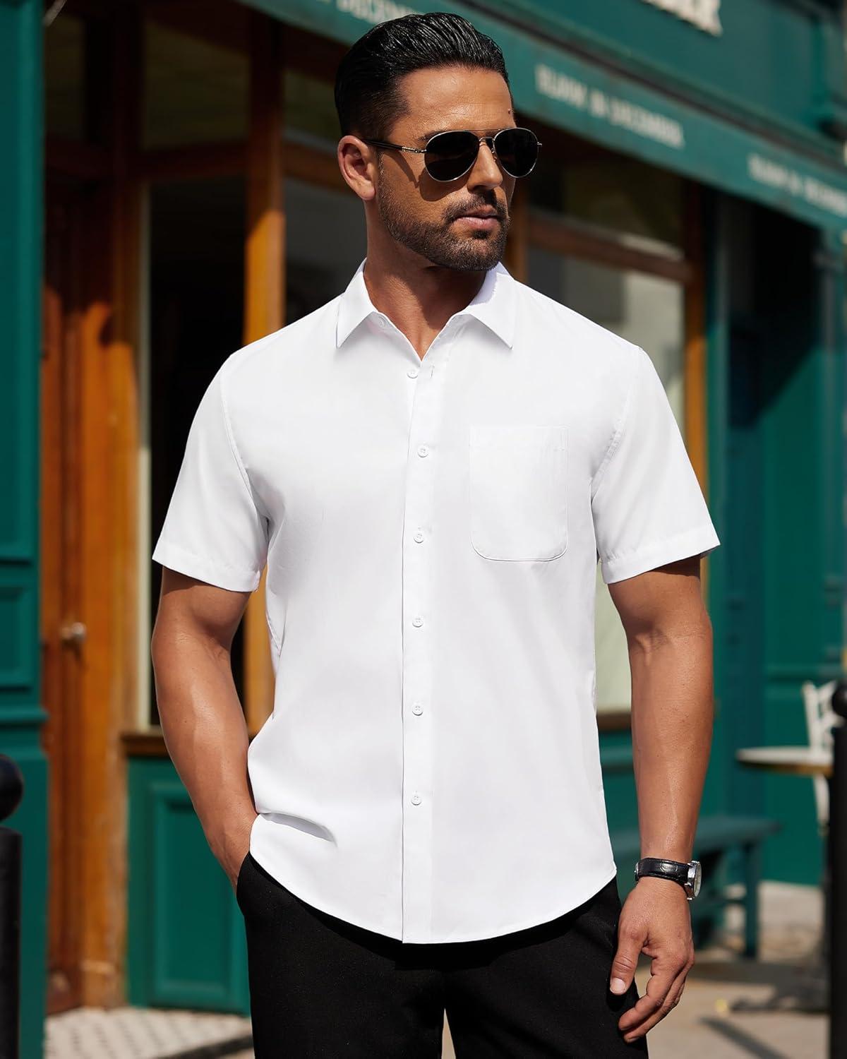 imageAlimens ampamp Gentle Mens Short Sleeve Dress Shirt Wrinkle Free Solid Casual Button Down Shirts for Summer Business WeddingWhite