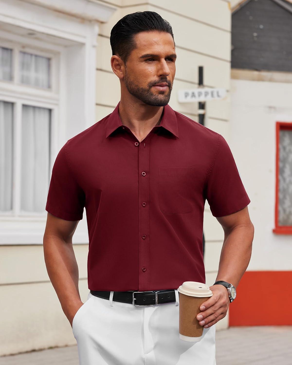 imageAlimens ampamp Gentle Mens Short Sleeve Dress Shirt Wrinkle Free Solid Casual Button Down Shirts for Summer Business WeddingWine Red