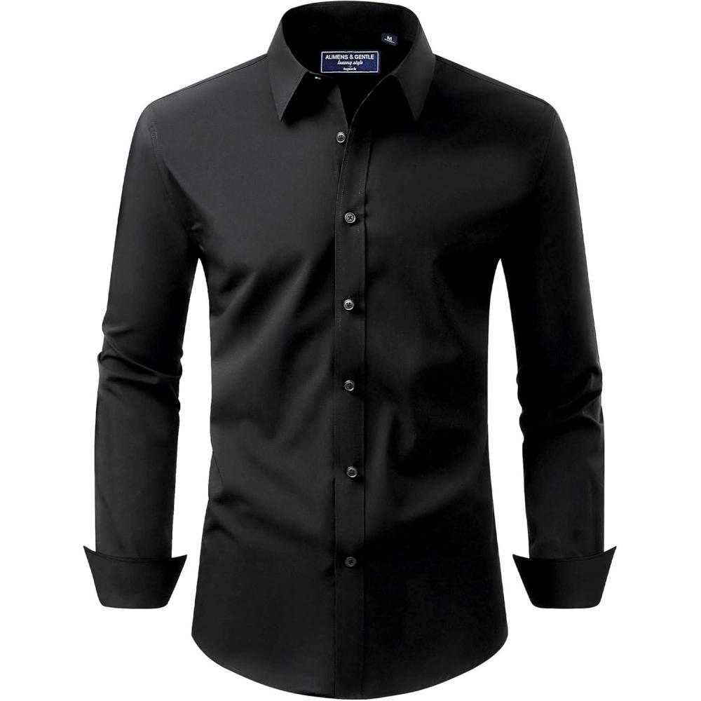 imageAlimens ampamp Gentle Mens Dress Shirt Regular Fit Stretch Stain Shield Long Sleeve Solid Business Wedding Button Down ShirtsBlack