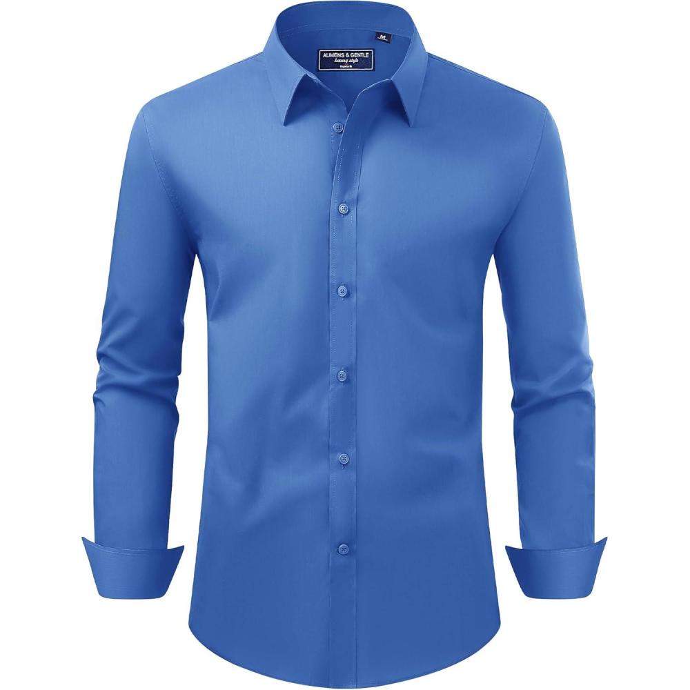 imageAlimens ampamp Gentle Mens Dress Shirt Regular Fit Stretch Stain Shield Long Sleeve Solid Business Wedding Button Down ShirtsBlue