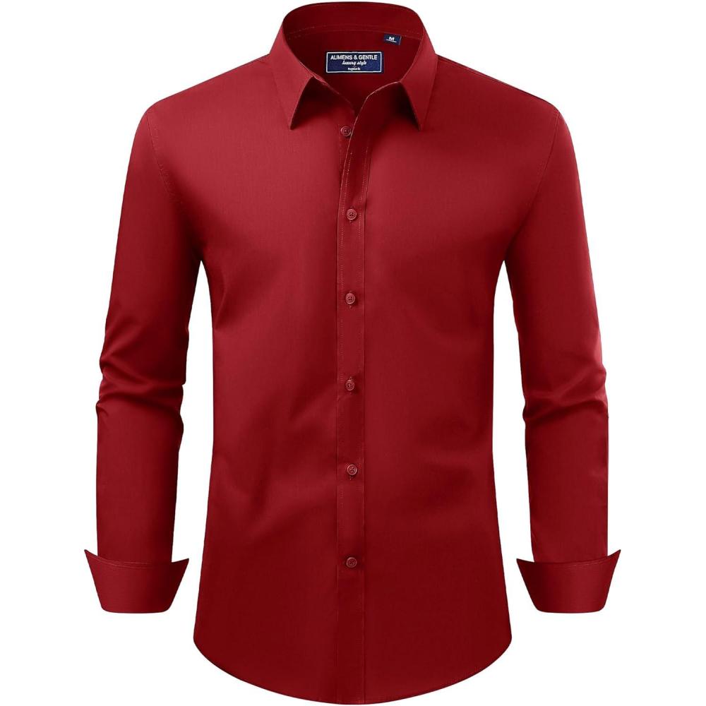 imageAlimens ampamp Gentle Mens Dress Shirt Regular Fit Stretch Stain Shield Long Sleeve Solid Business Wedding Button Down ShirtsBright Red