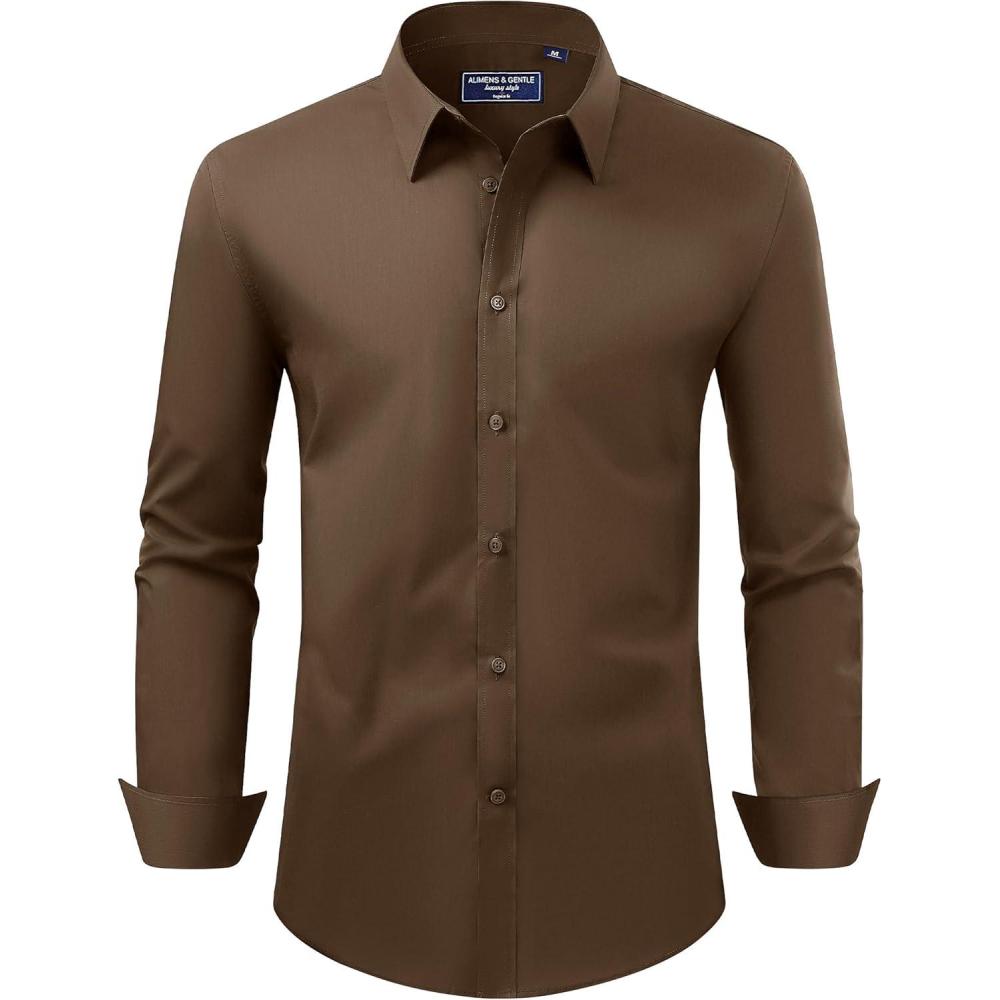 imageAlimens ampamp Gentle Mens Dress Shirt Regular Fit Stretch Stain Shield Long Sleeve Solid Business Wedding Button Down ShirtsChocolate Brown