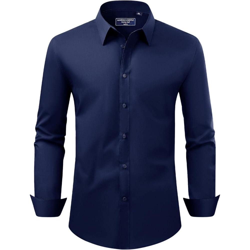 imageAlimens ampamp Gentle Mens Dress Shirt Regular Fit Stretch Stain Shield Long Sleeve Solid Business Wedding Button Down ShirtsDark Blue