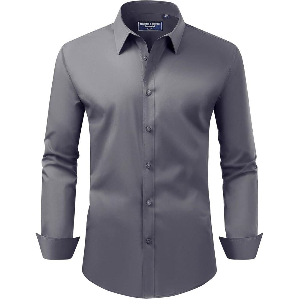 imageAlimens ampamp Gentle Mens Dress Shirt Regular Fit Stretch Stain Shield Long Sleeve Solid Business Wedding Button Down ShirtsDark Grey