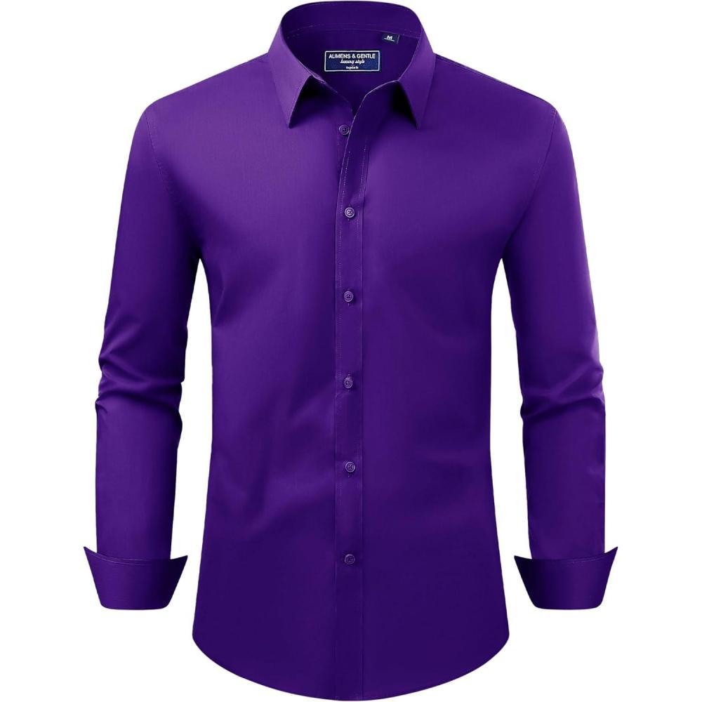 imageAlimens ampamp Gentle Mens Dress Shirt Regular Fit Stretch Stain Shield Long Sleeve Solid Business Wedding Button Down ShirtsDark Purple
