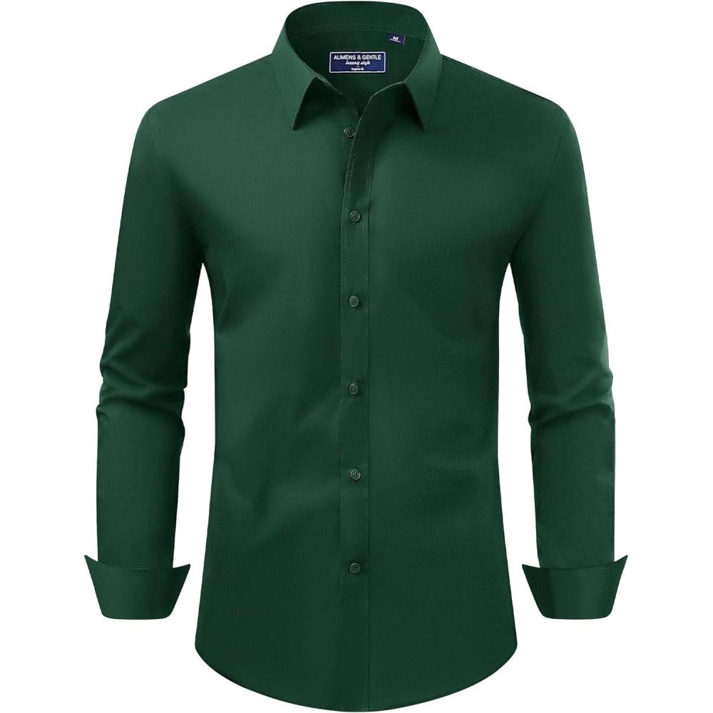 imageAlimens ampamp Gentle Mens Dress Shirt Regular Fit Stretch Stain Shield Long Sleeve Solid Business Wedding Button Down ShirtsDeep Green