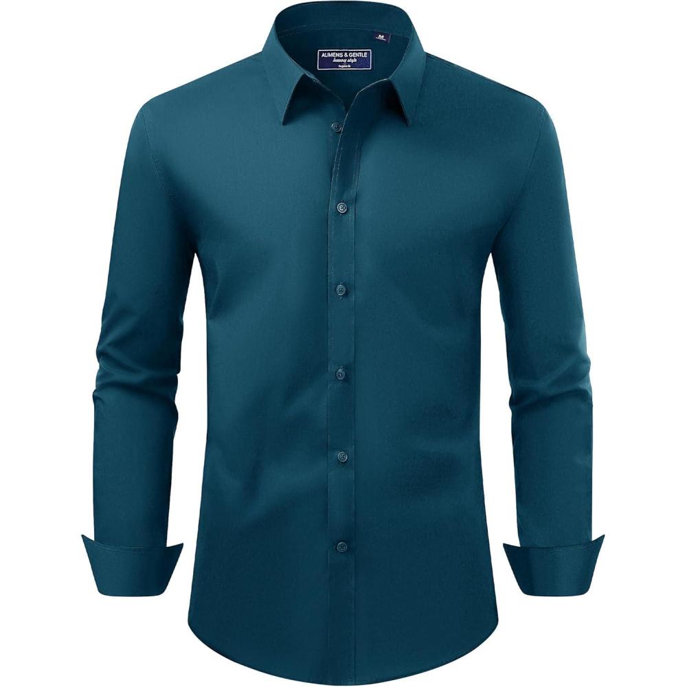 imageAlimens ampamp Gentle Mens Dress Shirt Regular Fit Stretch Stain Shield Long Sleeve Solid Business Wedding Button Down ShirtsDeep Sea