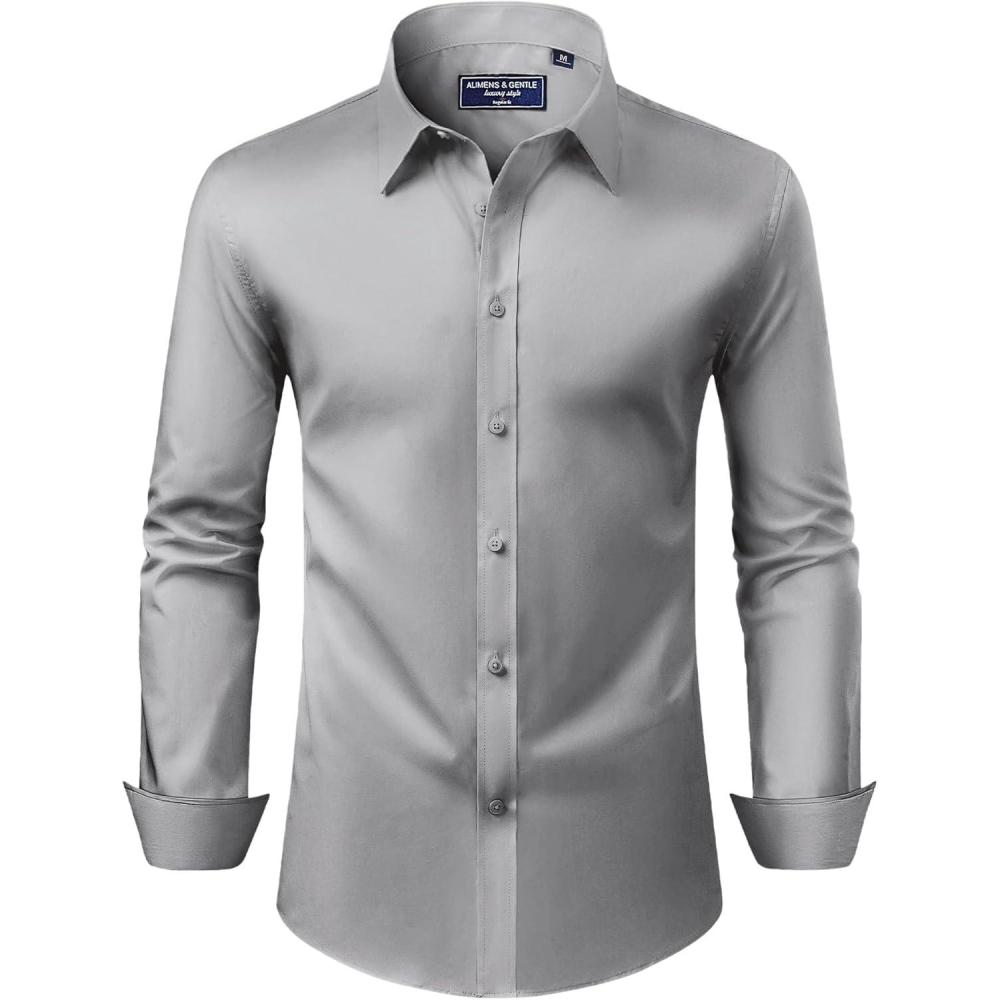 imageAlimens ampamp Gentle Mens Dress Shirt Regular Fit Stretch Stain Shield Long Sleeve Solid Business Wedding Button Down ShirtsGrey