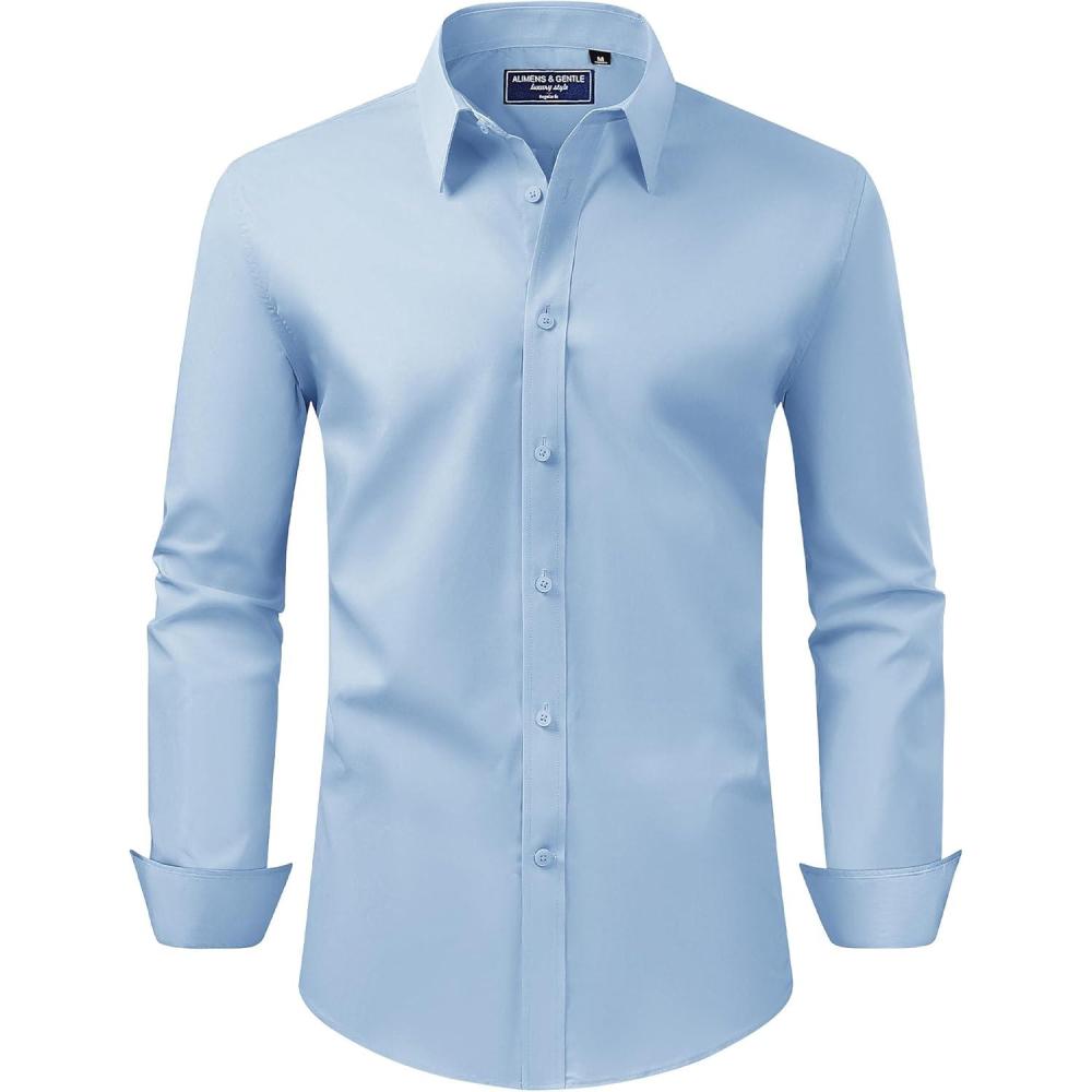 imageAlimens ampamp Gentle Mens Dress Shirt Regular Fit Stretch Stain Shield Long Sleeve Solid Business Wedding Button Down ShirtsLight Blue
