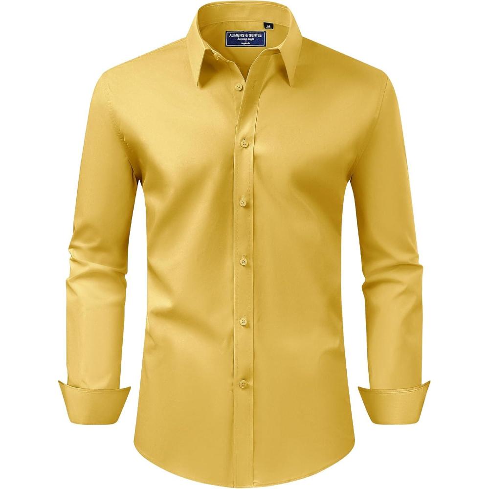 imageAlimens ampamp Gentle Mens Dress Shirt Regular Fit Stretch Stain Shield Long Sleeve Solid Business Wedding Button Down ShirtsMustard Yellow