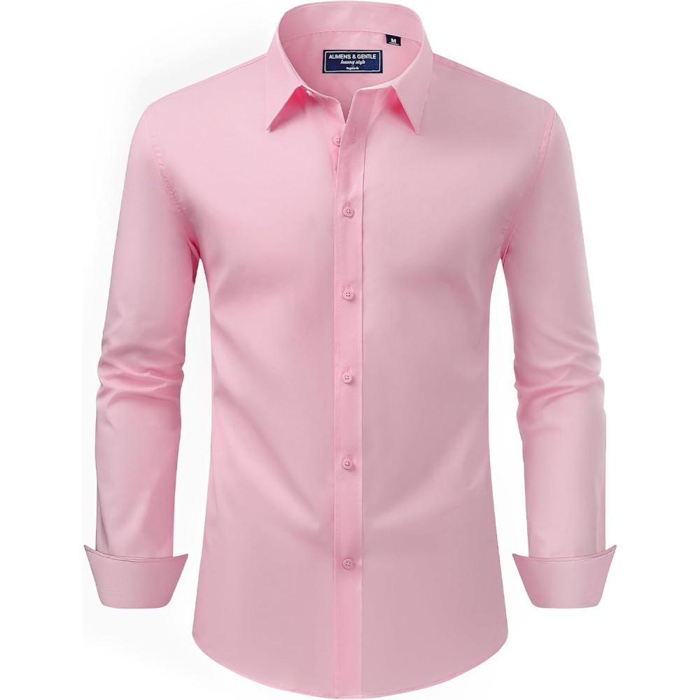 imageAlimens ampamp Gentle Mens Dress Shirt Regular Fit Stretch Stain Shield Long Sleeve Solid Business Wedding Button Down ShirtsPink