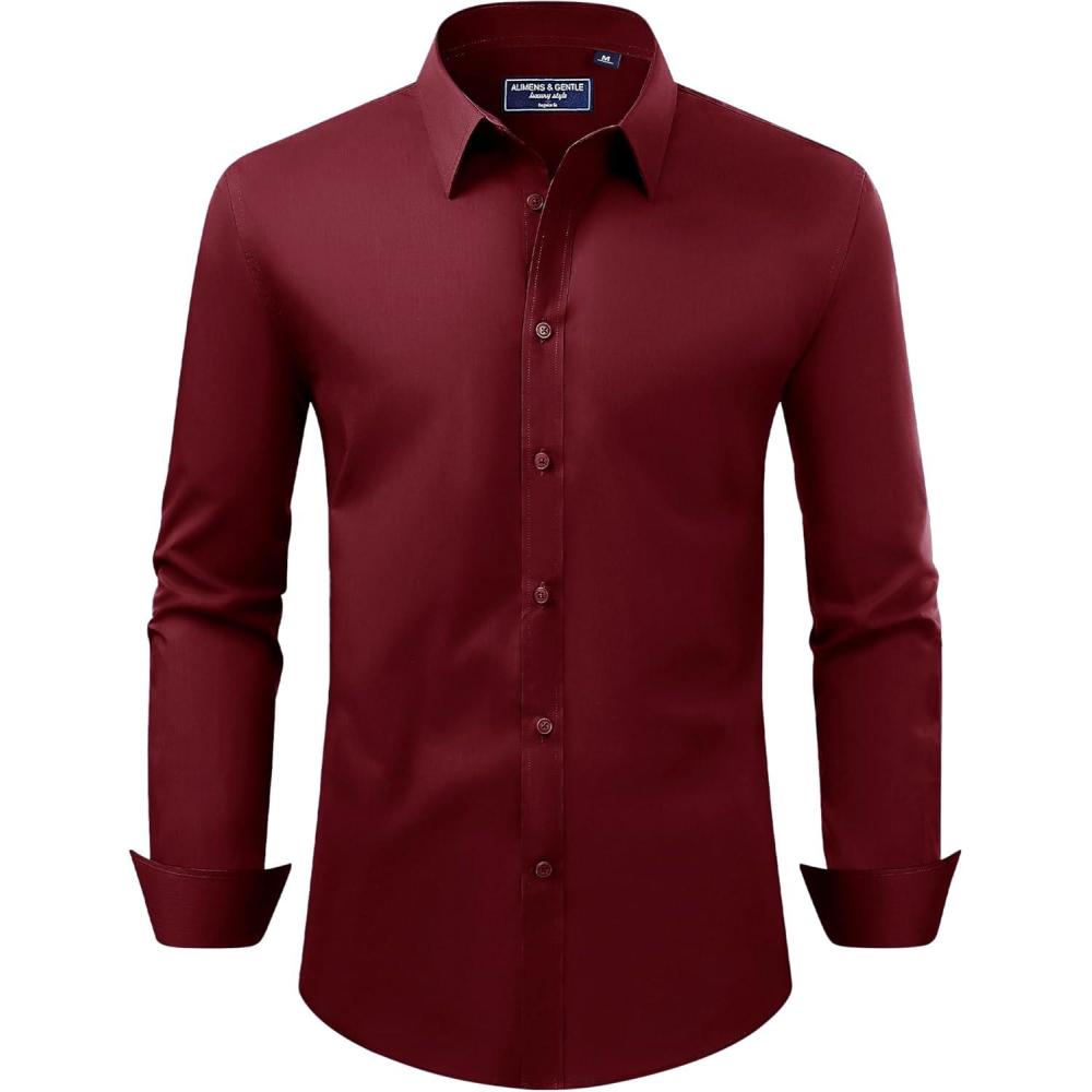 imageAlimens ampamp Gentle Mens Dress Shirt Regular Fit Stretch Stain Shield Long Sleeve Solid Business Wedding Button Down ShirtsWine Red