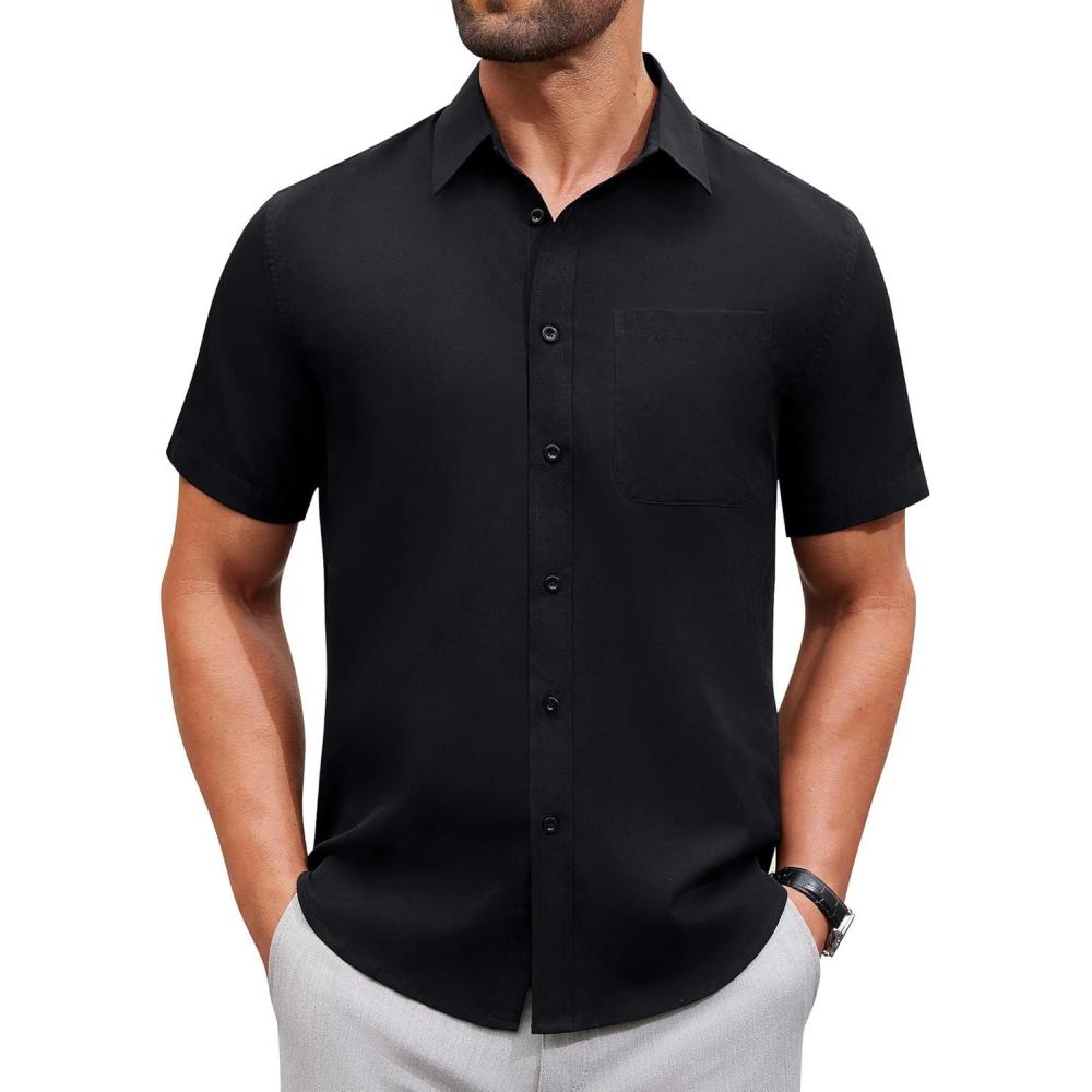 imageAlimens ampamp Gentle Mens Short Sleeve Dress Shirt Wrinkle Free Solid Casual Button Down Shirts for Summer Business WeddingBlack