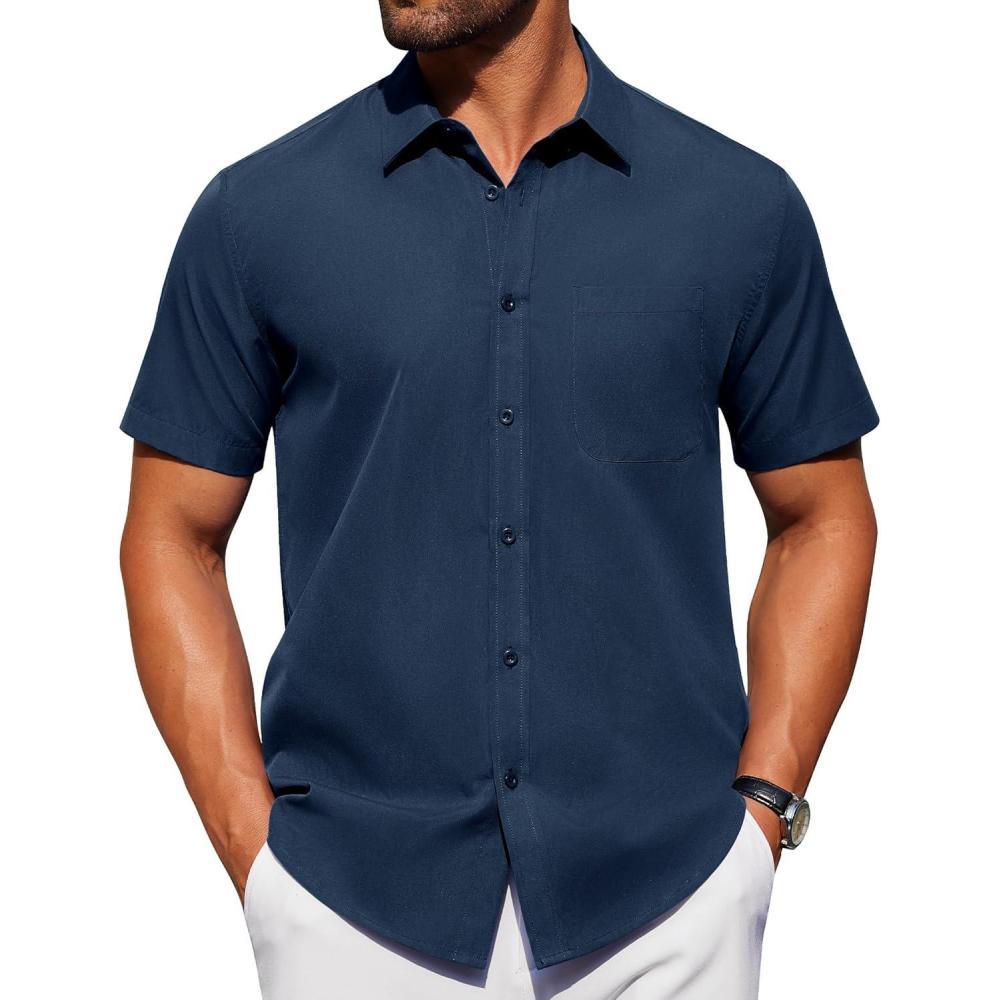 imageAlimens ampamp Gentle Mens Short Sleeve Dress Shirt Wrinkle Free Solid Casual Button Down Shirts for Summer Business WeddingNavy Blue