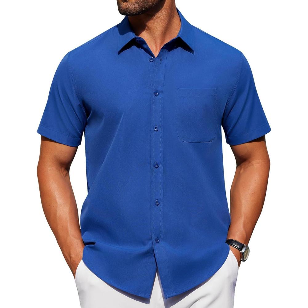 imageAlimens ampamp Gentle Mens Short Sleeve Dress Shirt Wrinkle Free Solid Casual Button Down Shirts for Summer Business WeddingRoyal Blue