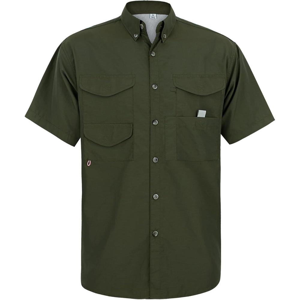 imageAlimens ampamp Gentle Short Sleeve Fishing Shirt Wicking Fabric Sun Protection Casual Button Down ShirtsArmy Green