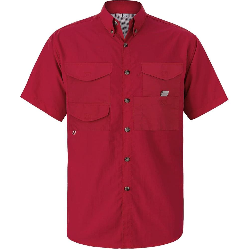 imageAlimens ampamp Gentle Short Sleeve Fishing Shirt Wicking Fabric Sun Protection Casual Button Down ShirtsRed